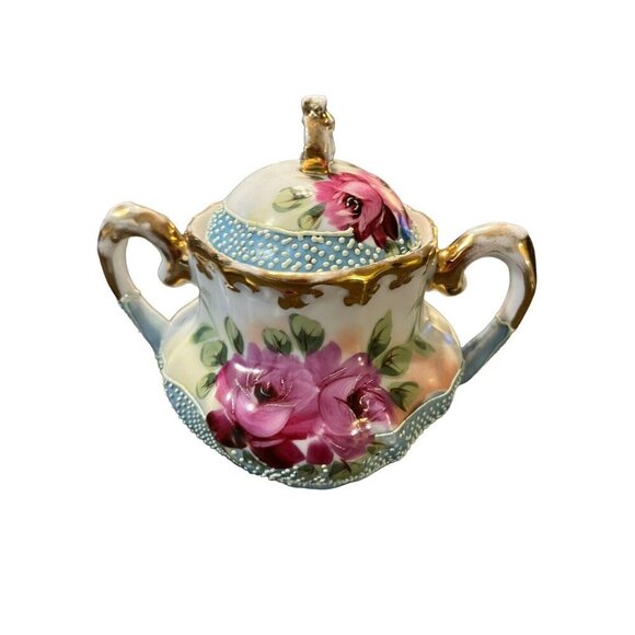 Antique Cabbage Rose with Bead Textured Design Small Creamer and Sugar Bowl - Picture 7 of 16